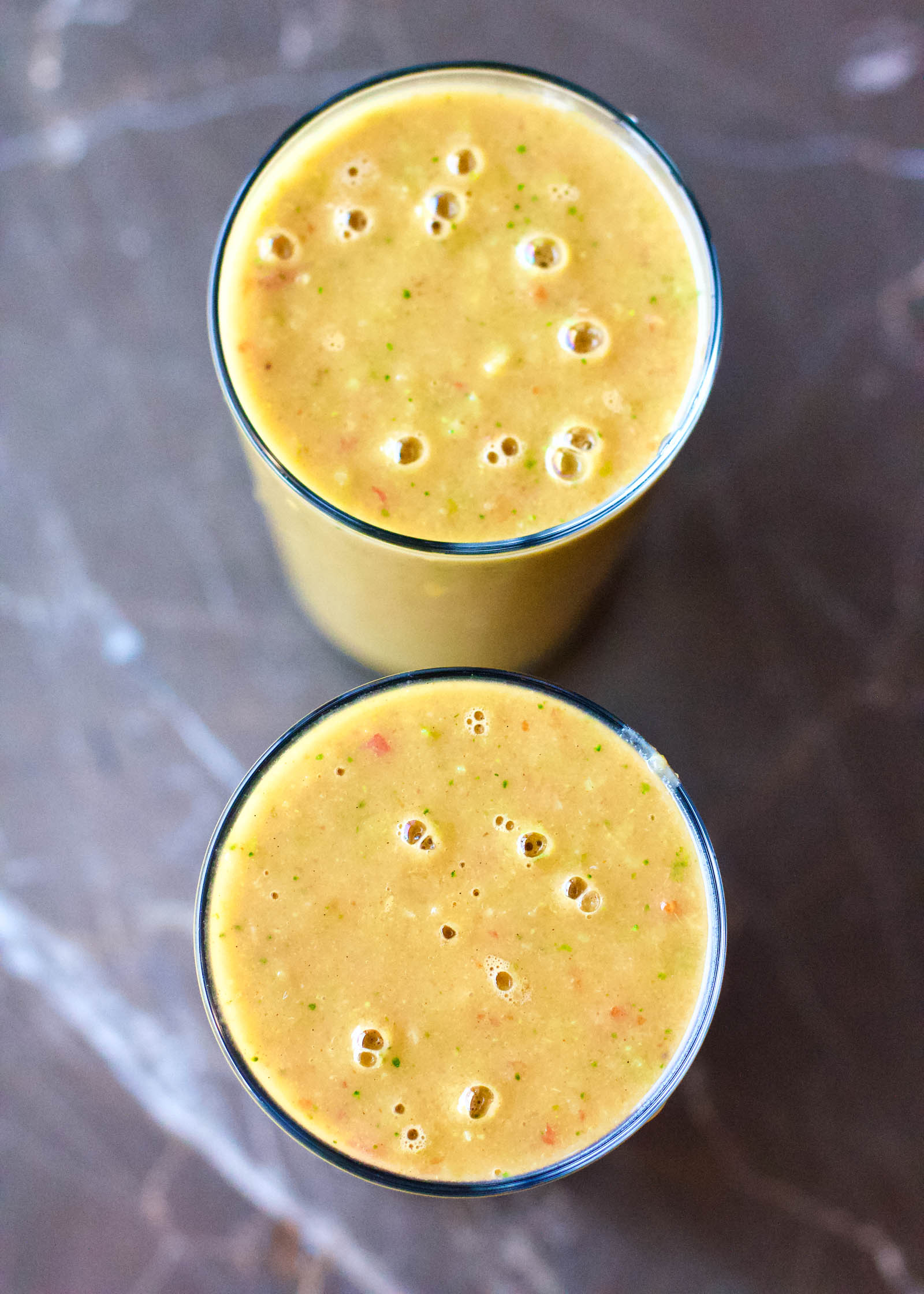 Two servings of Morning Sunshine Smoothie, top view