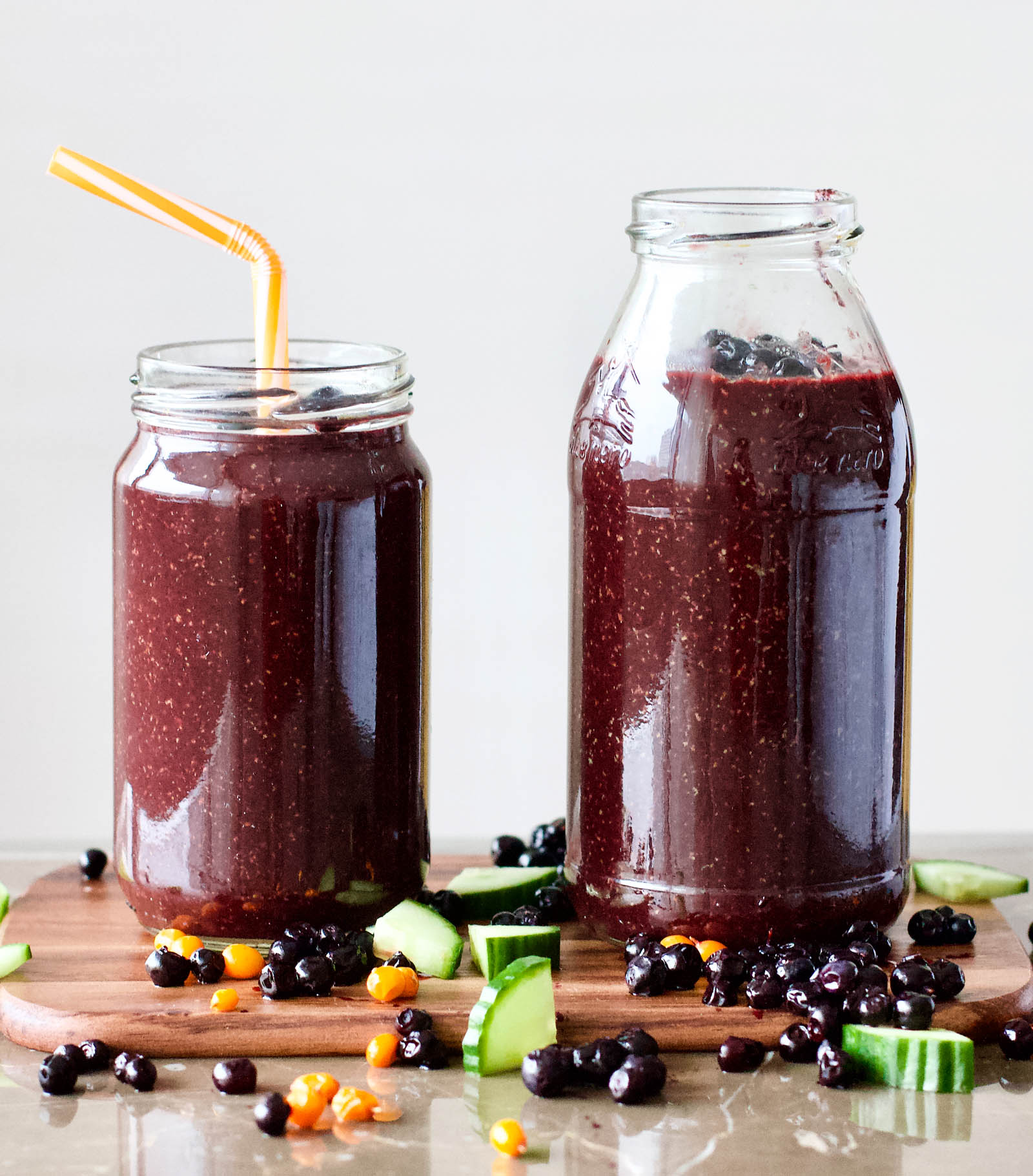 Two servings of freshly made Blueberries Surprise Smoothie on a table