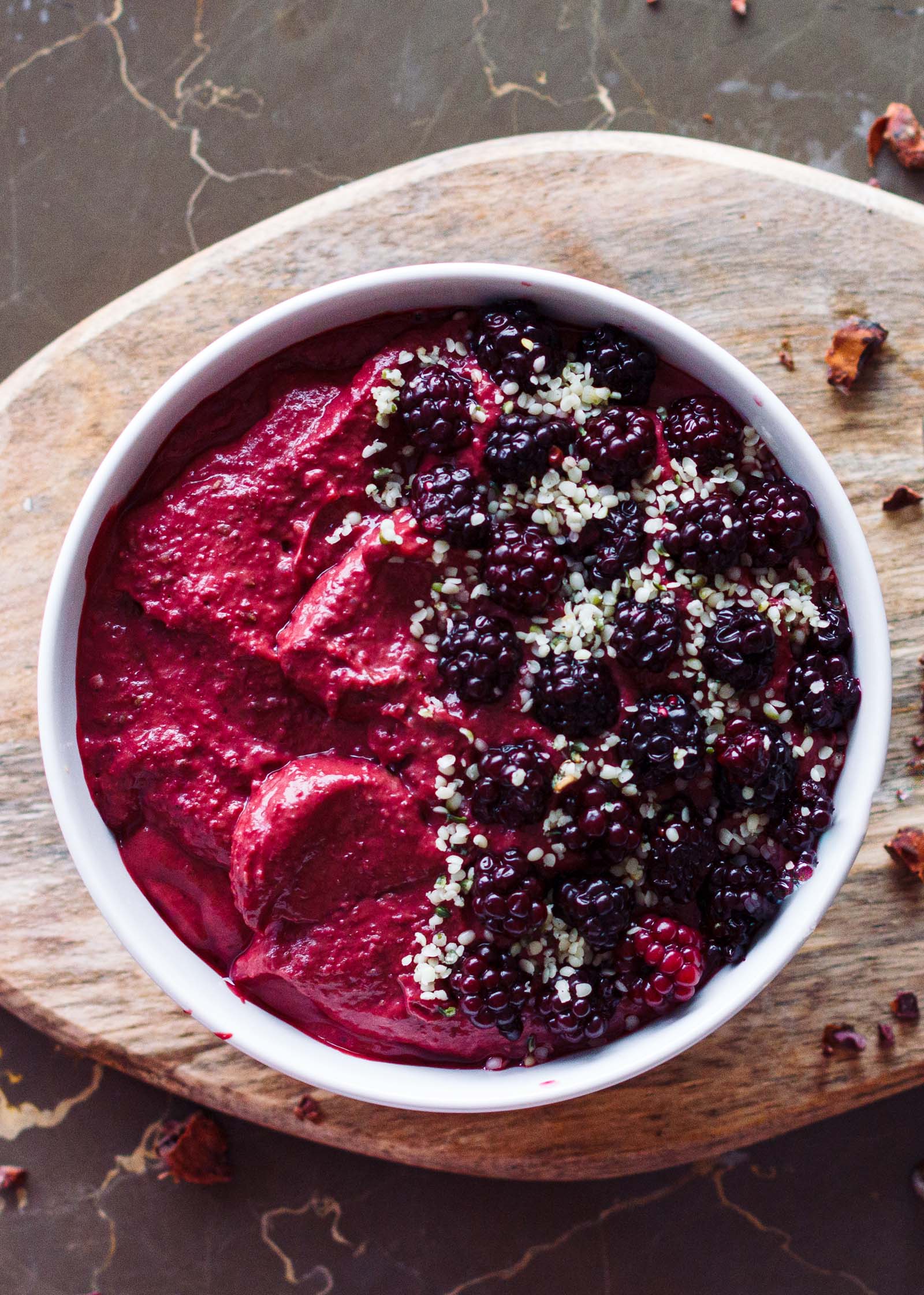 Serving of freshly made Beet Berry Messy Nice Cream, top-down view