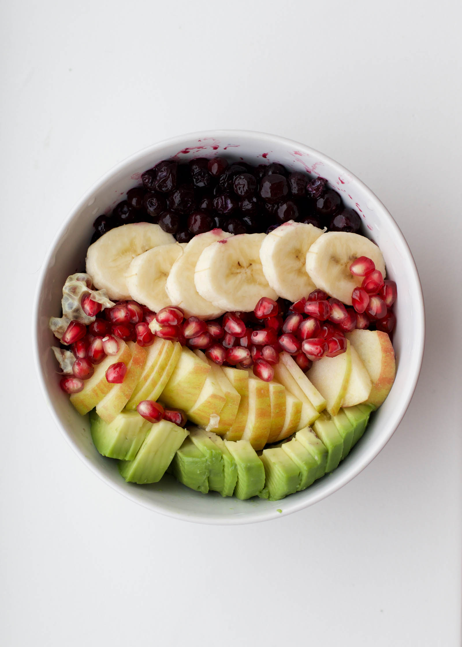 Single serving of freshly made Real-Deal Raw Fruit Bowl, top-down view