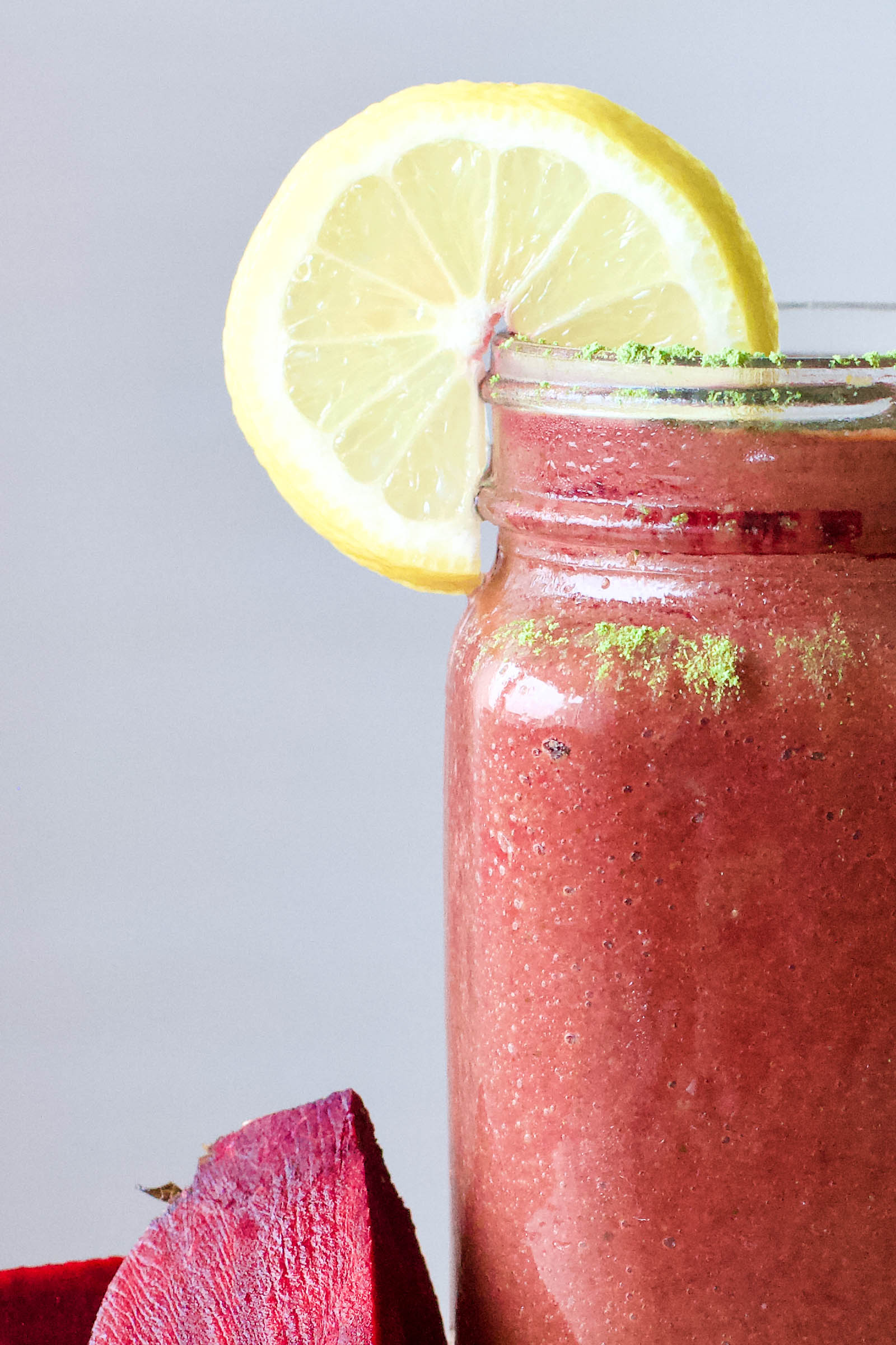 One serving of freshly made Healthy Sweet Love Beet Smoothie, close-up shot