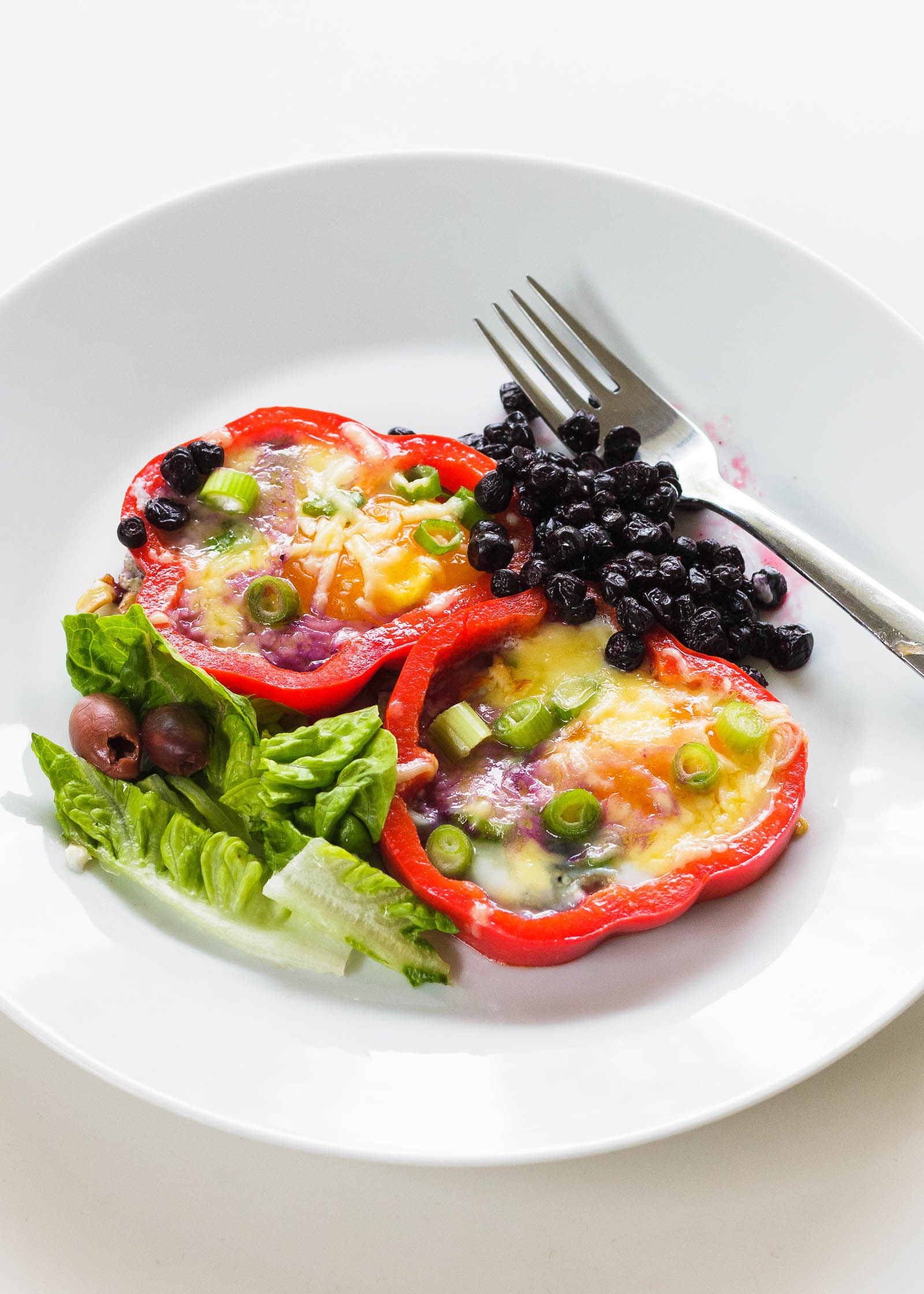 One serving of Bell Pepper Fried Eggs in white plate