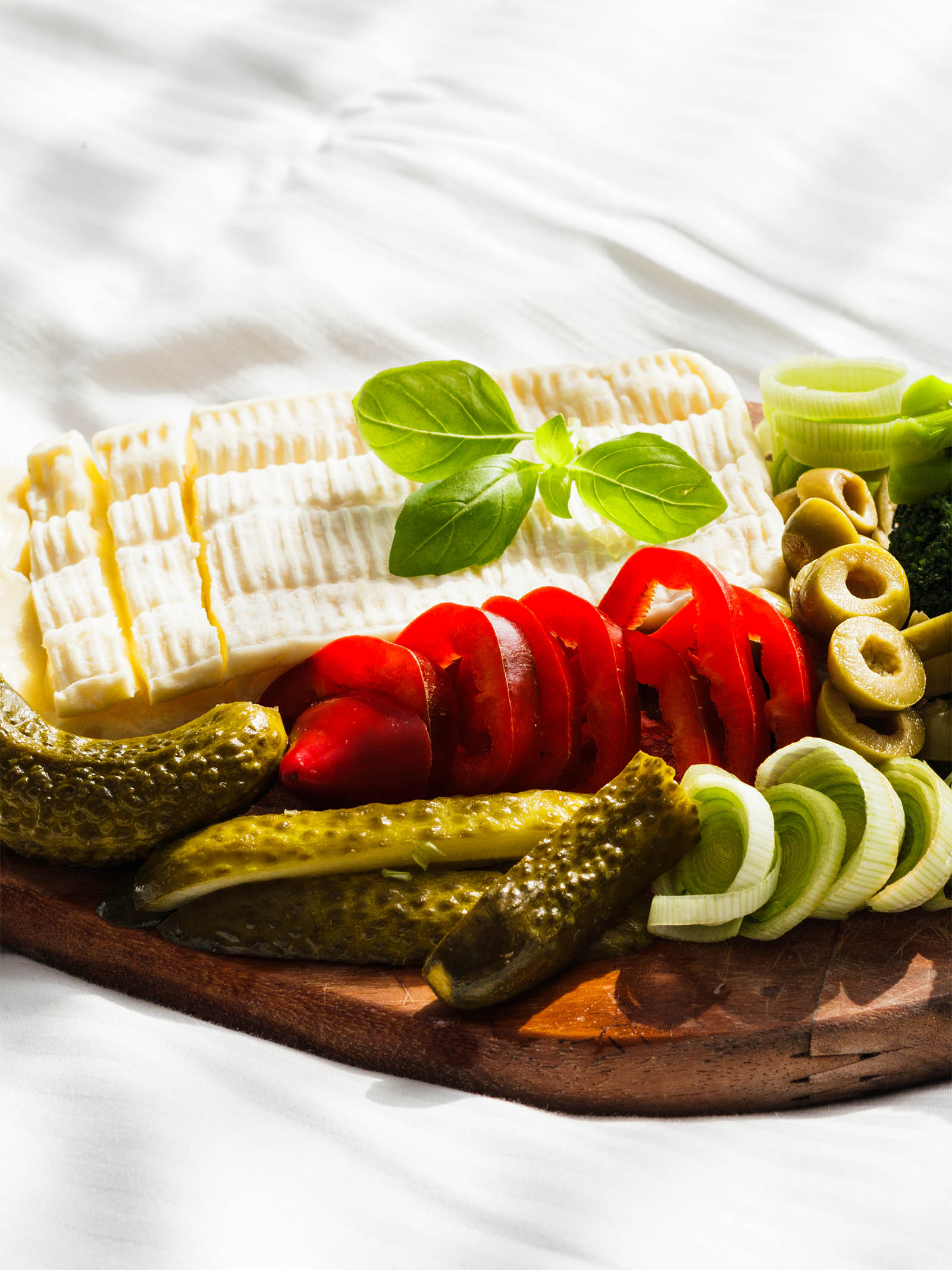 Vegetarian French Platter: La Brique and Vegetables presented on a white background, left side